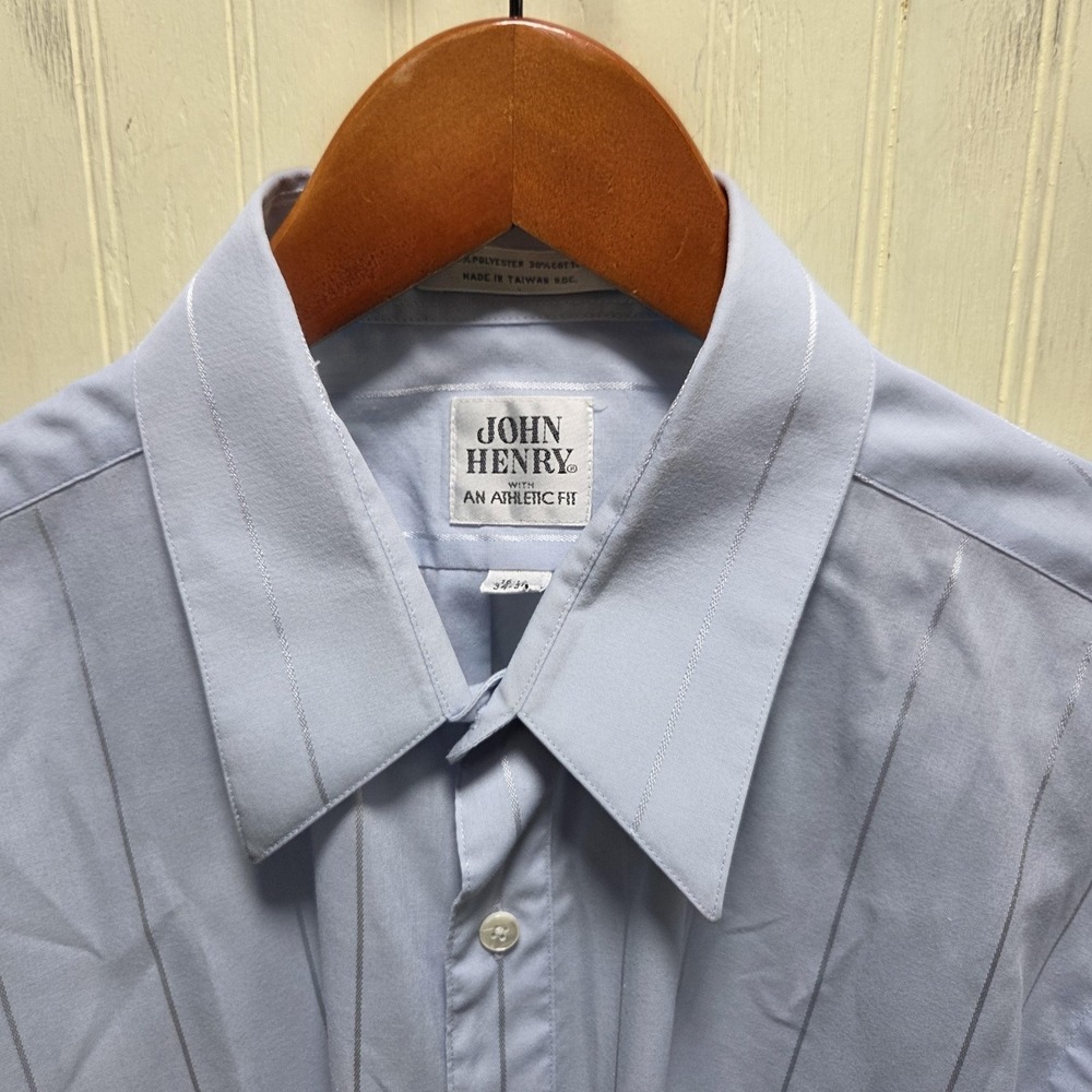 John Henry Dress Shirt Mens 16.5 34/35 Blue Stripe Athletic Fit Long Sleeve